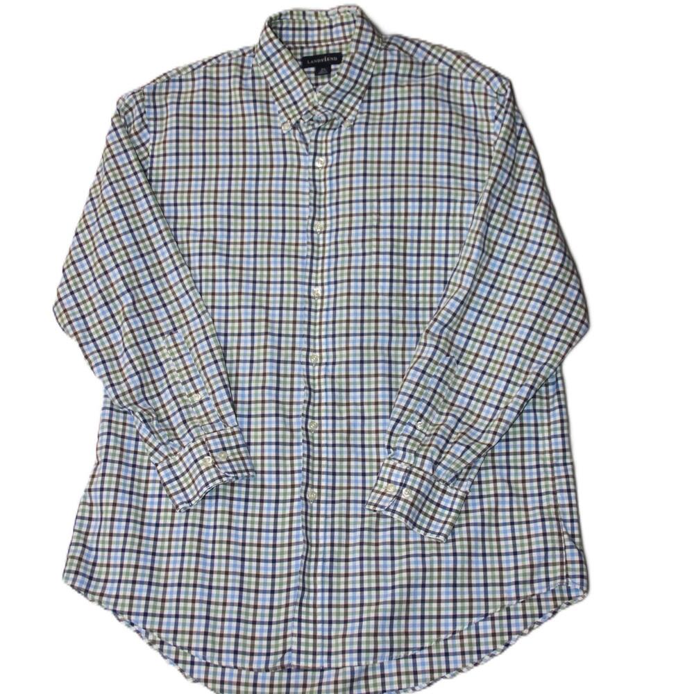 Lands' End Shirt Mens L Blue Check Button Up Long Sleeve Button-Down Cotton